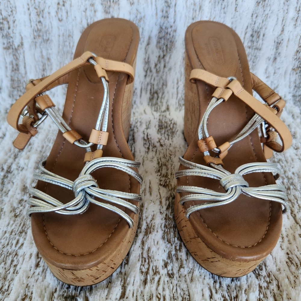 Coach "Georgiana" Platform Wedge Sandal Metallic Silver Tan | Women's Size 9.5B - Picture 4 of 11